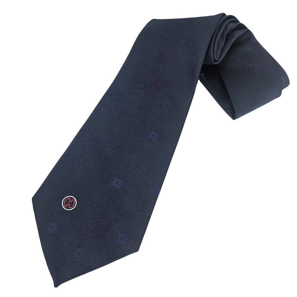 Vtg 90s y2k HALSTON Mens Navy Silk Blend Tie w Geometric Pattern Logo Accent USA